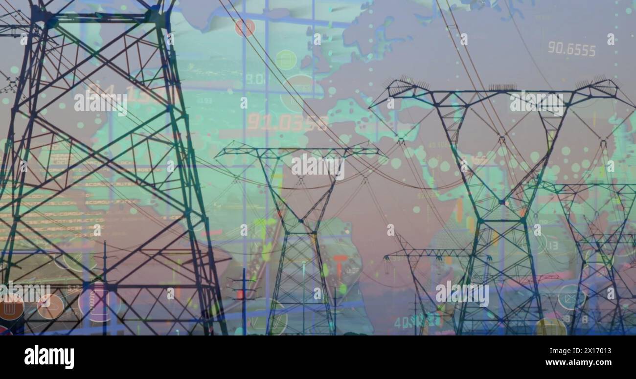 Image du traitement des données financières sur des pylônes électriques Banque D'Images