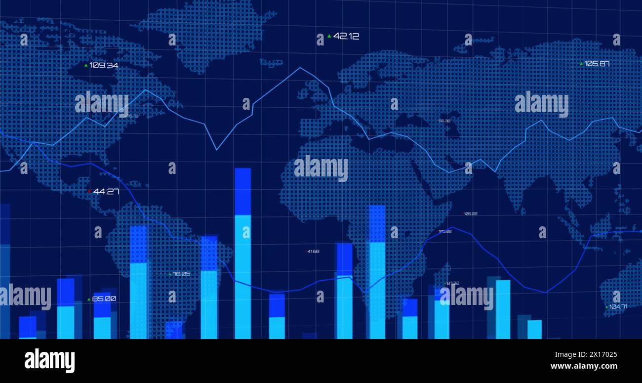 Image du traitement des données et diagramme sur la carte du monde sur le fond bleu Banque D'Images