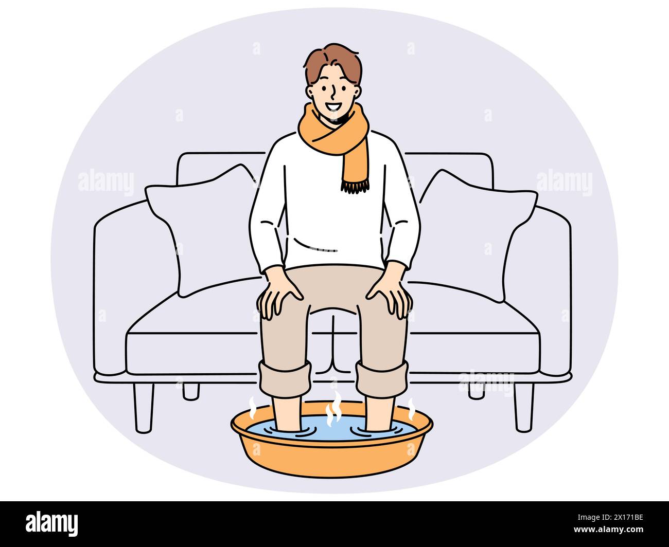 Homme souriant dans le foulard asseyez-vous sur le canapé à la maison faites tremper les pieds dans l'eau chaude. Les hommes heureux souffrent de rhume ou de grippe faire des procédures pour la récupération rapide. Soins de santé. Illustration vectorielle. Illustration de Vecteur