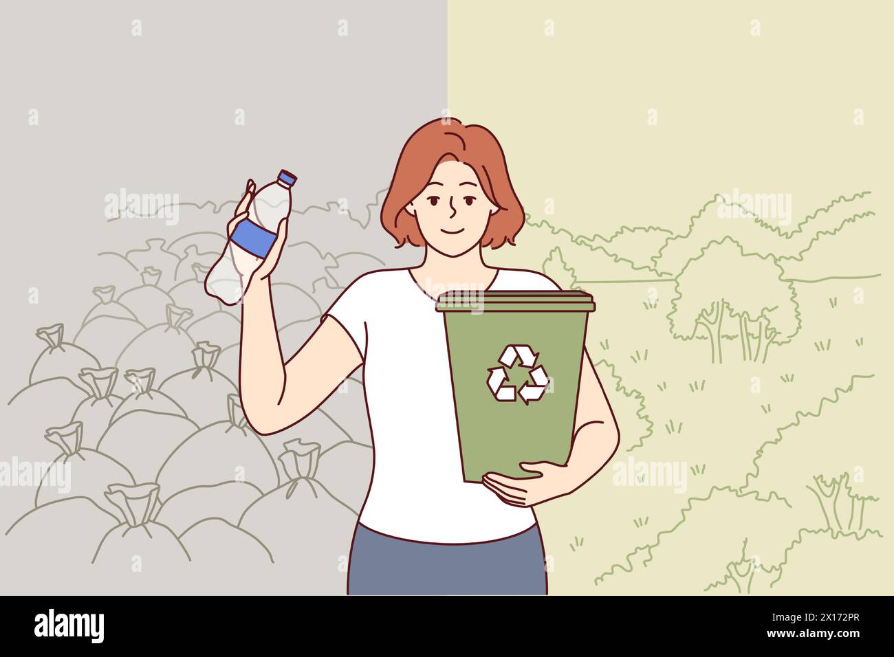 Femme écologiste appelle à la collecte séparée des ordures et le recyclage des bouteilles en plastique, tient seau à la main. Fille écologiste rêve de fermer les décharges et de restaurer les parcs avec une belle nature. Illustration de Vecteur