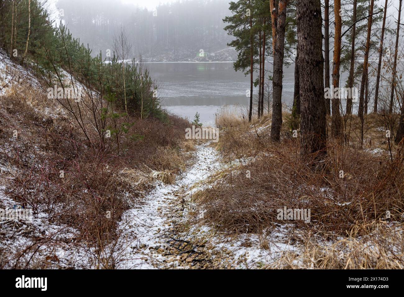 rivière en hiver, rive de rivière et eau en hiver par temps brumeux Banque D'Images