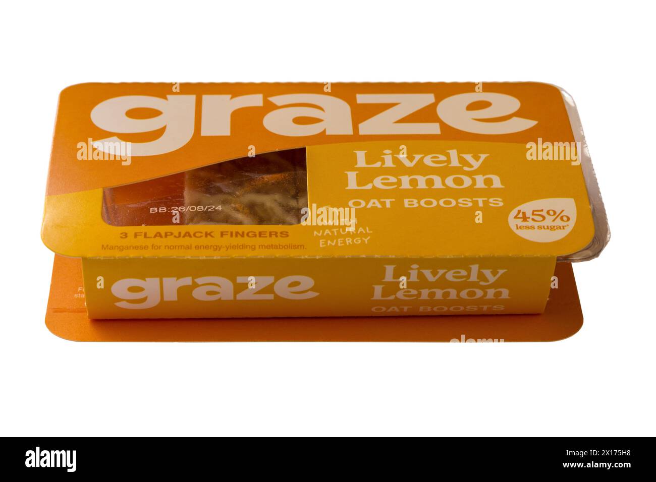 Graze Lively Lemon OAT stimule les doigts de flapjack avec de l'énergie naturelle isolé sur fond blanc Banque D'Images