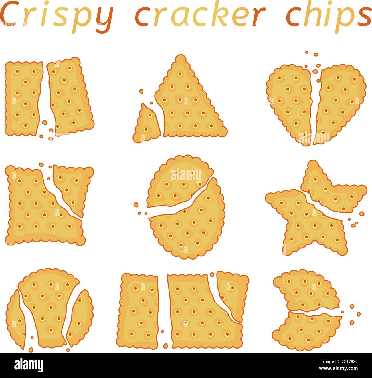 ensemble vectoriel de puces de craquelin cuites au four avec des bords ondulés. vue de dessus de craquelins de fromage de différentes formes : rond, rectangle, ellipse, carré, triangle, bravo Illustration de Vecteur