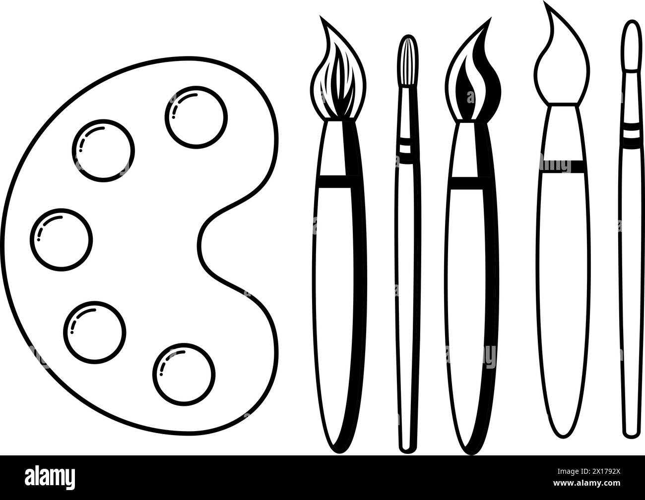 illustration plate en noir et blanc de vecteur de palette d'art en bois avec des taches de peinture et des pinceaux isolés sur fond blanc. palette de peinture d'artiste et Illustration de Vecteur