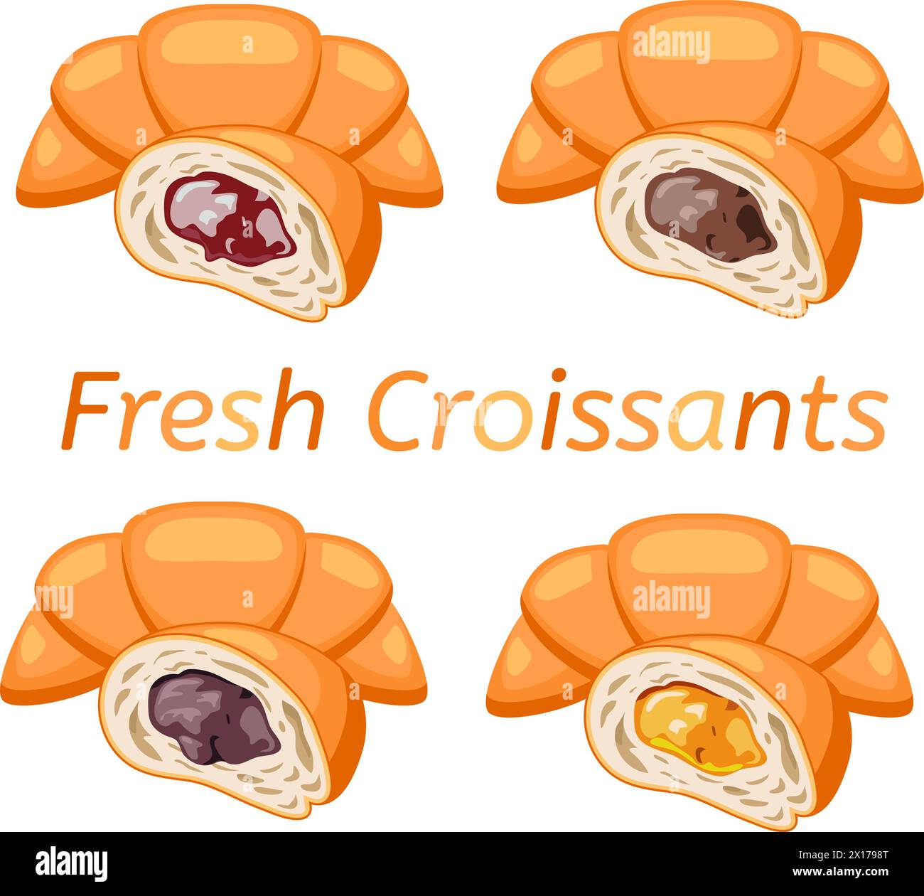 dessin vectoriel de croissants entiers et d'icônes de croissants tranchés. symbole de pâtisserie française pour le petit déjeuner. croissants avec confiture de fruits et garniture au chocolat, ba Illustration de Vecteur