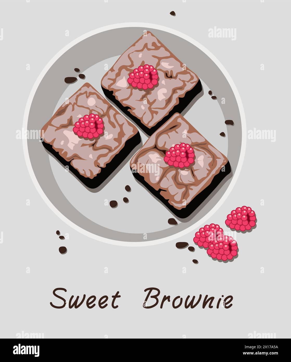 brownies au chocolat vecteur dans une assiette isolée sur fond gris. morceaux de gâteau au brownie avec des fruits de framboise sur le dessus. brownies sucrés sur assiette comme homemad Illustration de Vecteur