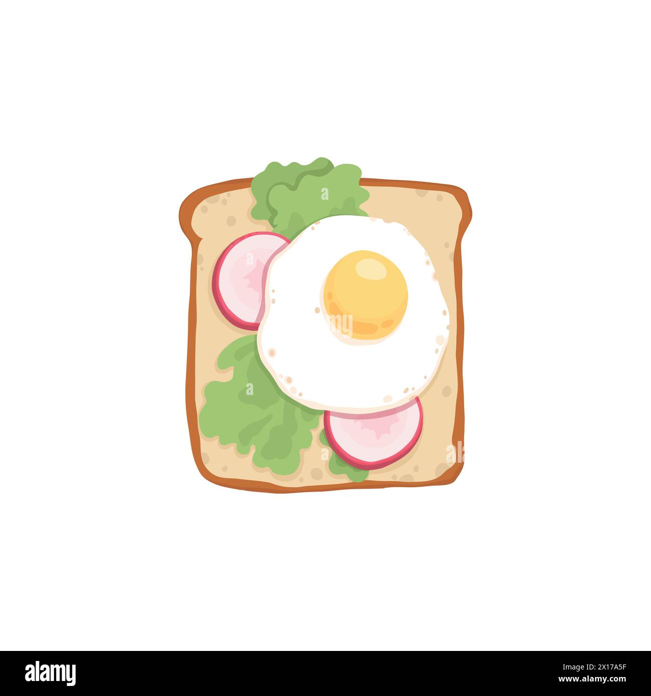 Griller avec des œufs frits, de la rucola et du fromage à la crème sur du pain grillé. Sandwich avec tranches d'ingrédients frais. Collation végétarienne. Nourriture pour petit déjeuner. Plat Illustration de Vecteur
