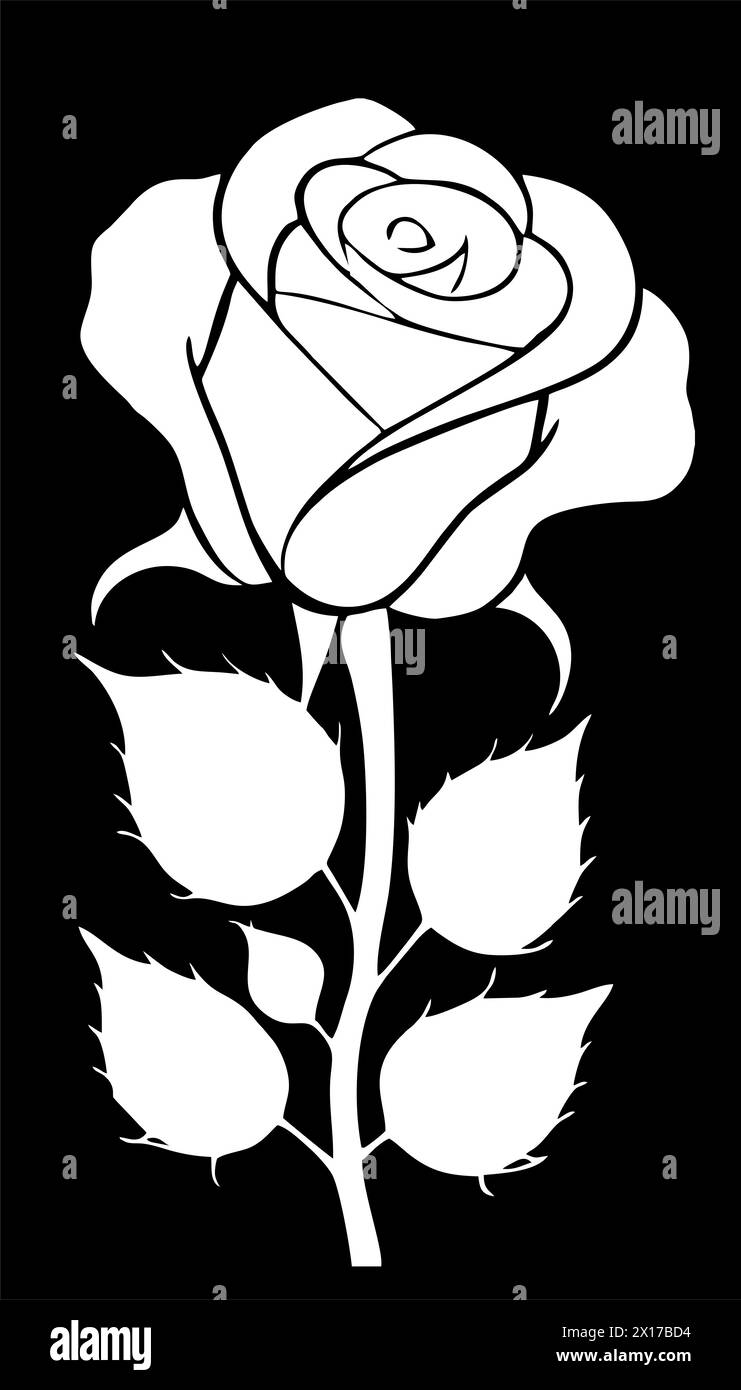 dessin graphique blanc d'une fleur de rose avec des feuilles sur un fond noir, logo Banque D'Images