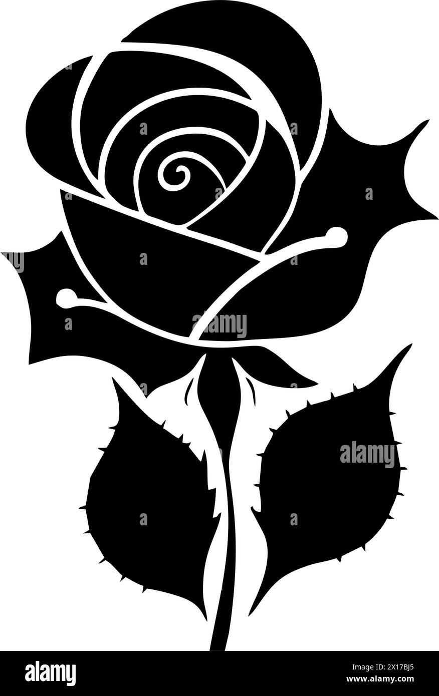 dessin graphique noir d'une fleur de rose avec des feuilles, monochrome, élément décoratif Banque D'Images