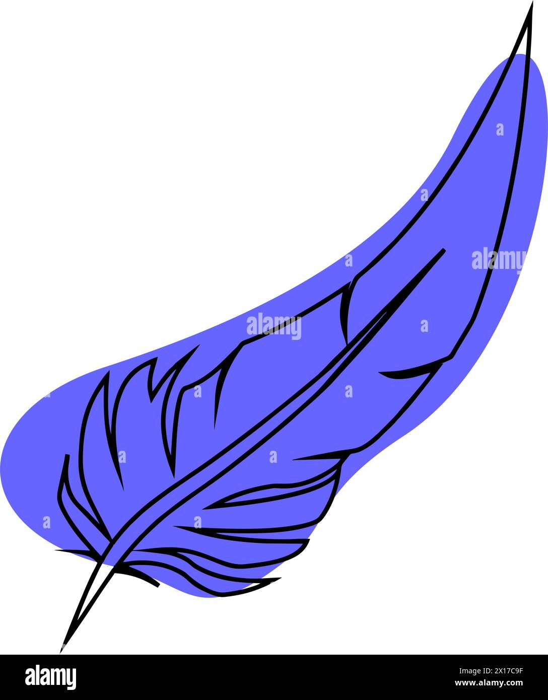 dessin d'une plume d'oiseau bleue avec un contour noir, élément décoratif, logo Banque D'Images
