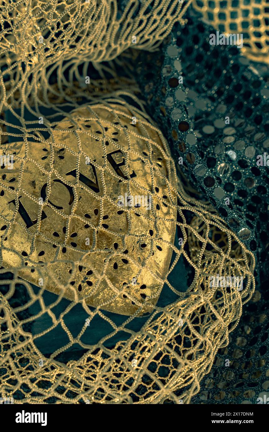 Cœur en métal doré brillant brillant lumineux est attrapé dans la mer d'amour de filet de poisson. L'arrière-plan est bleu bokeh. La lumière se reflète sur la sculpture en forme de coeur. Lueurs métalliques. Banque D'Images