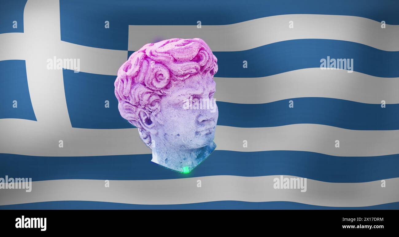 Image de sculpture de tête antique sur fond de drapeau grec Banque D'Images