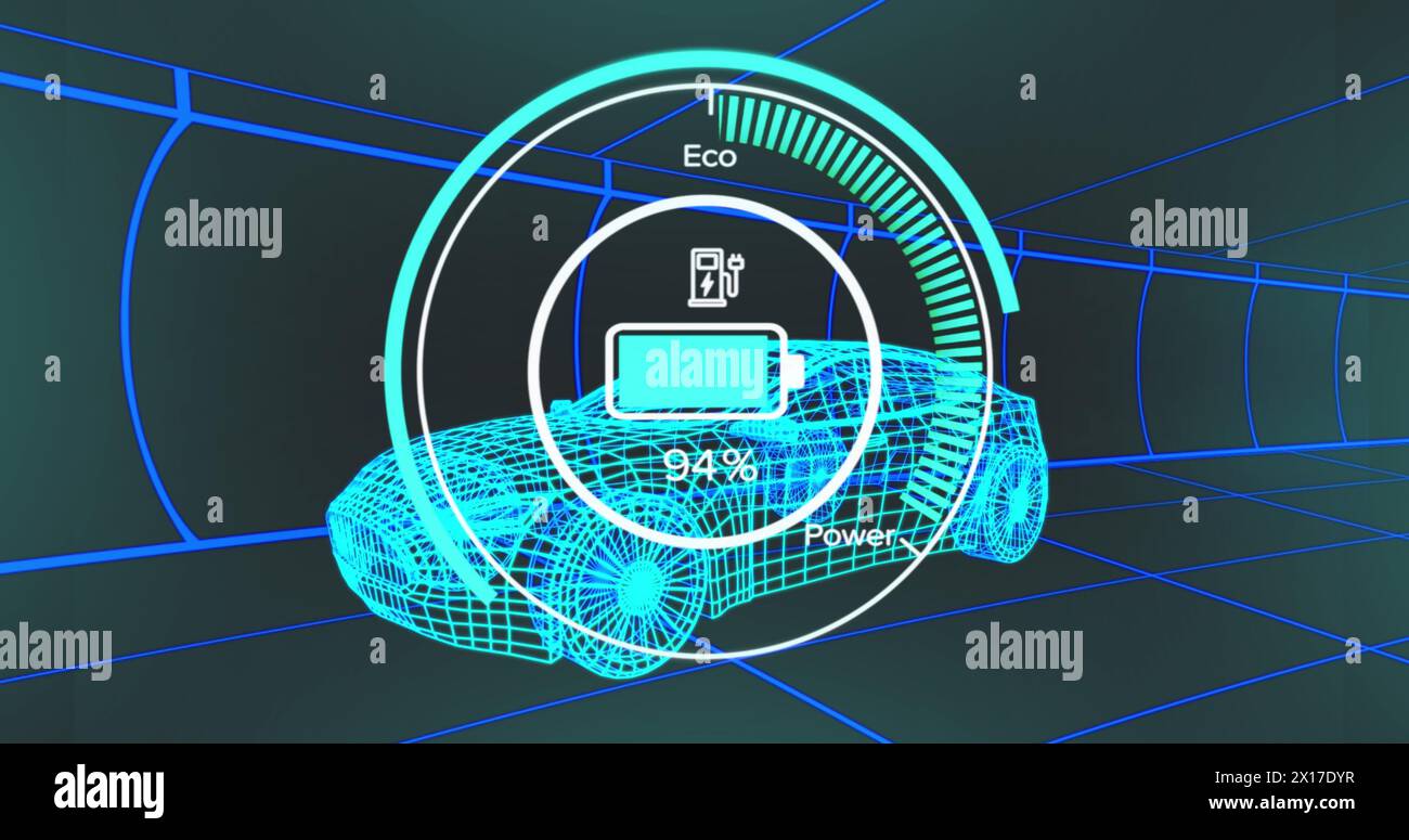 Image du niveau de batterie sur le projet de voiture électrique sur fond de marine. voitures électriques, énergie écologique, durabilité et concept technologique numériquement générat Banque D'Images