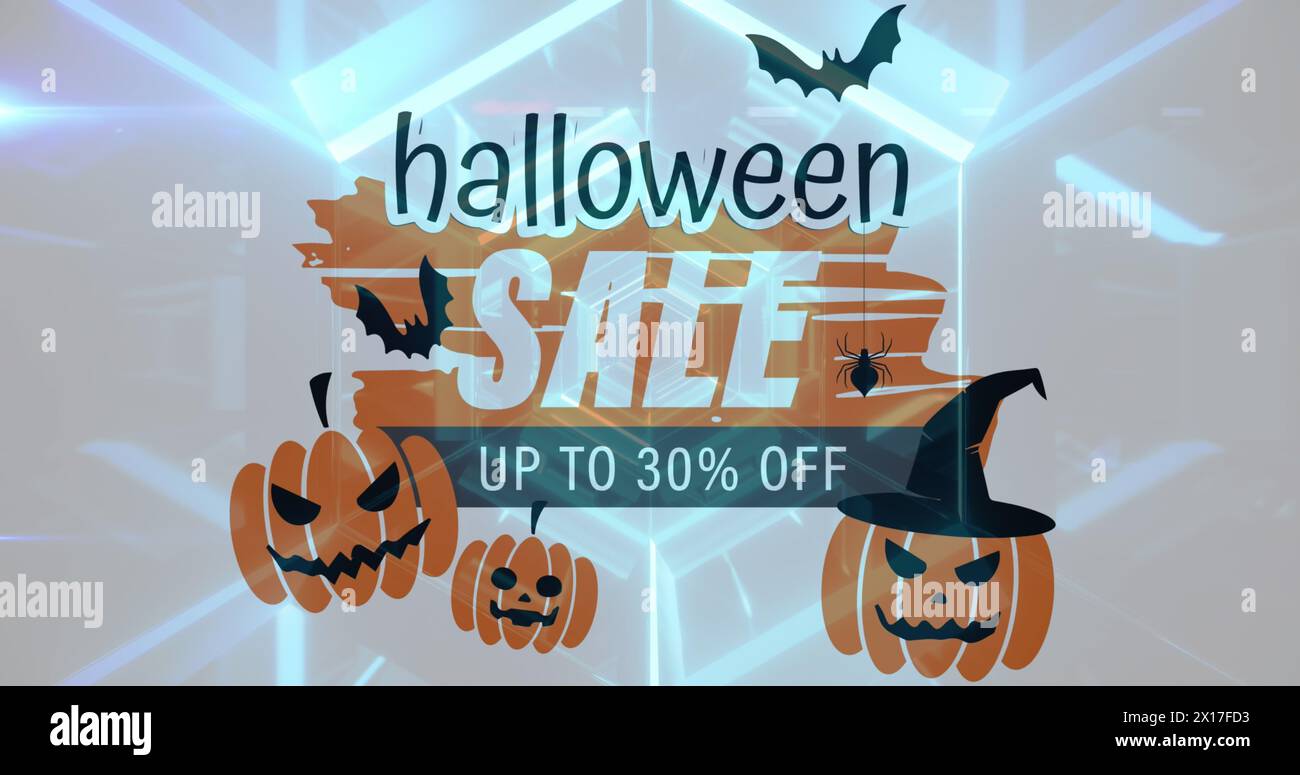 Bannière de texte de vente d'Halloween avec des icônes effrayantes de citrouille et de chauve-souris contre tunnel bleu brillant Banque D'Images