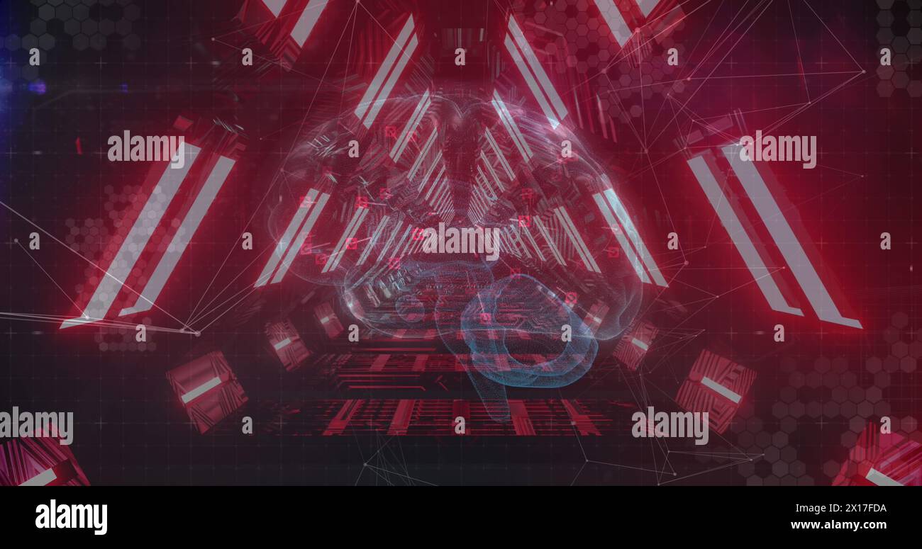 Image du cerveau humain, oscilloscope dans le tunnel de néon rouge Banque D'Images