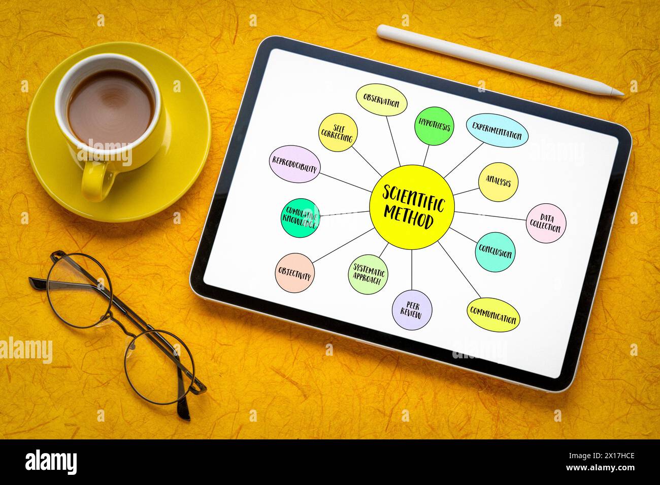 infographie de méthode scientifique ou croquis vectoriel de carte mentale sur une tablette numérique, science et concept de recherche Banque D'Images