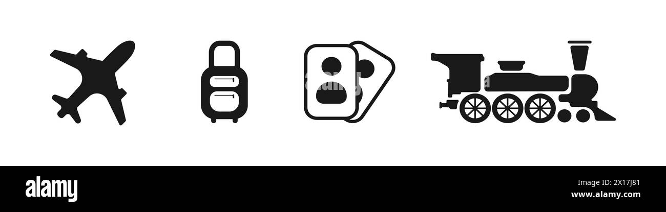 Avion, documents, valise, train ensemble de logos simples. Choses nécessaires pour la collecte de voyage. Icônes Web pour les voyages. Illustration vectorielle. Illustration de Vecteur