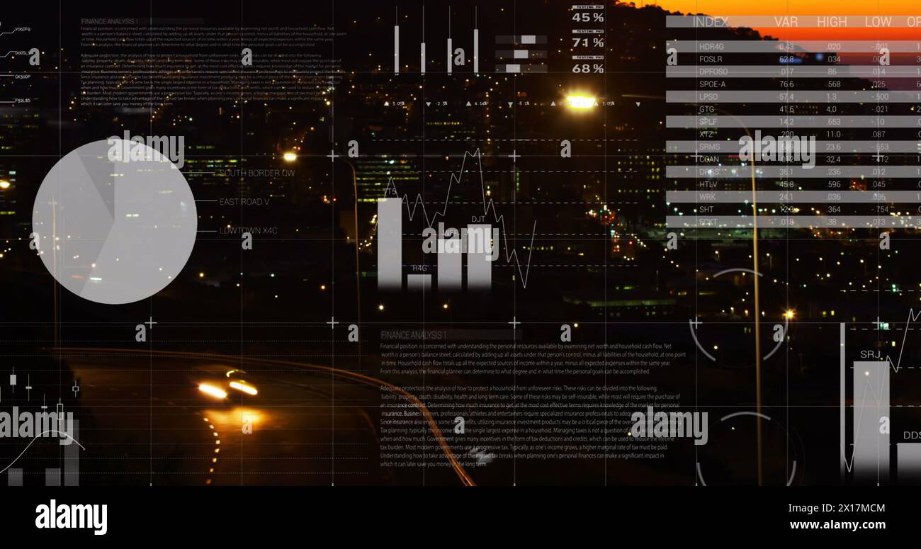 Image du traitement des données statistiques par rapport à la vue aérienne du trafic urbain de nuit Banque D'Images