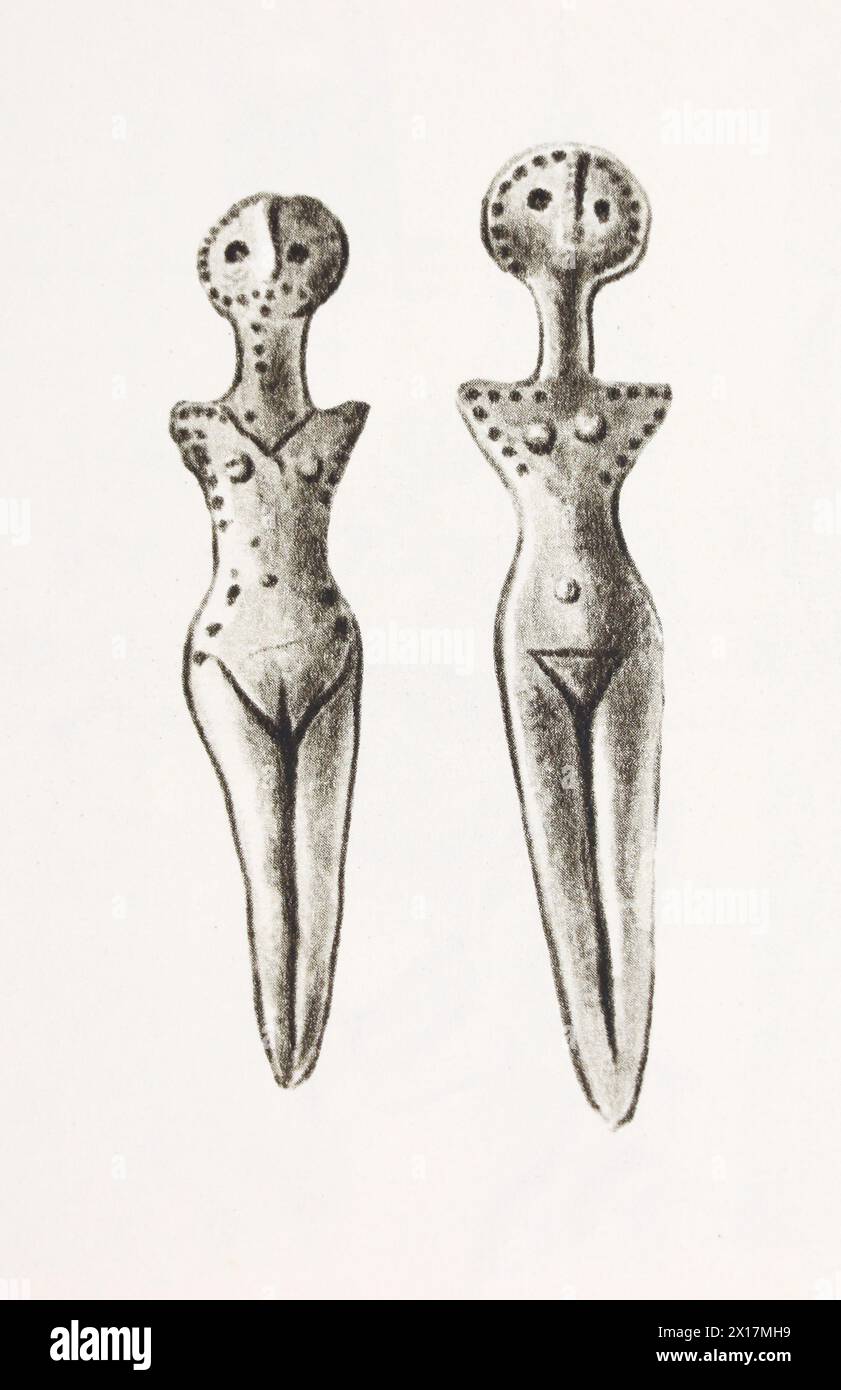 Figurines en argile sous la forme de femmes de la culture Trypillienne trouvées lors de fouilles en Moldavie. Banque D'Images