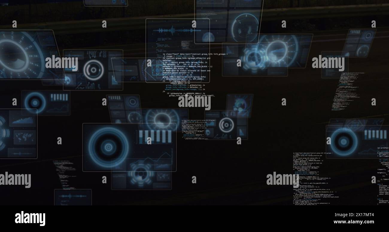 Image des scanners ronds et du traitement des données contre le time-lapse du trafic urbain la nuit Banque D'Images