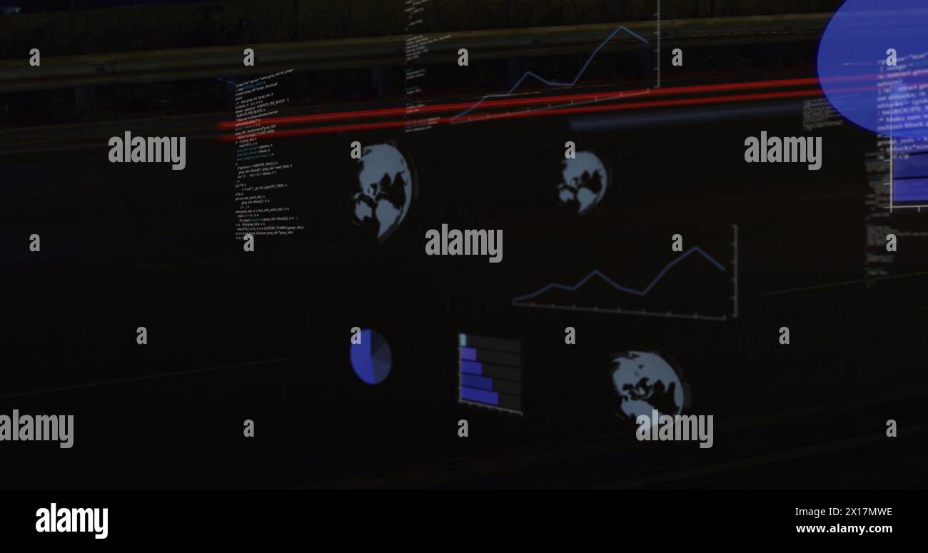Image des scanners ronds et du traitement des données contre le time-lapse du trafic urbain la nuit Banque D'Images