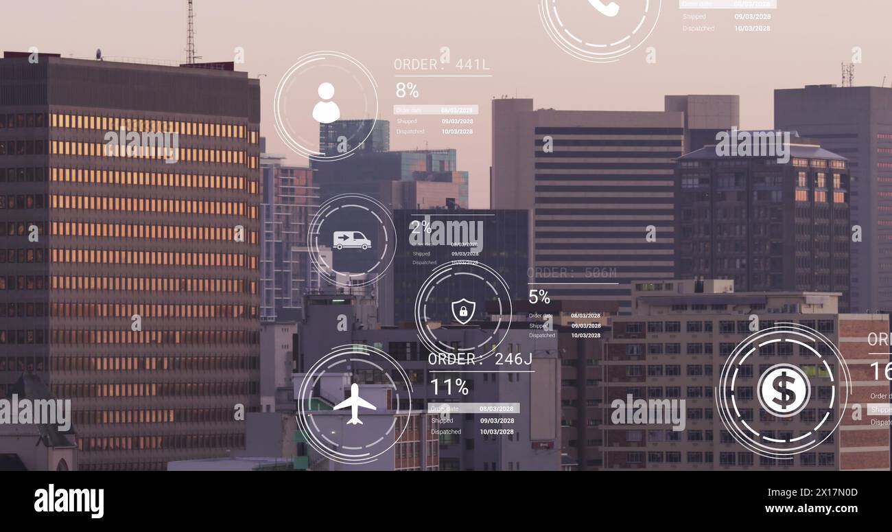 Image d'icônes avec traitement des données sur Cityscape Banque D'Images