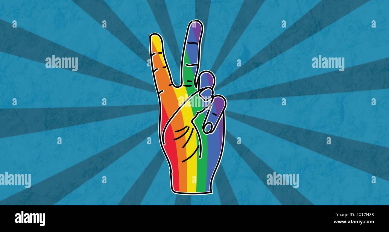 Image d'un geste de paix arc-en-ciel sur fond bleu Banque D'Images