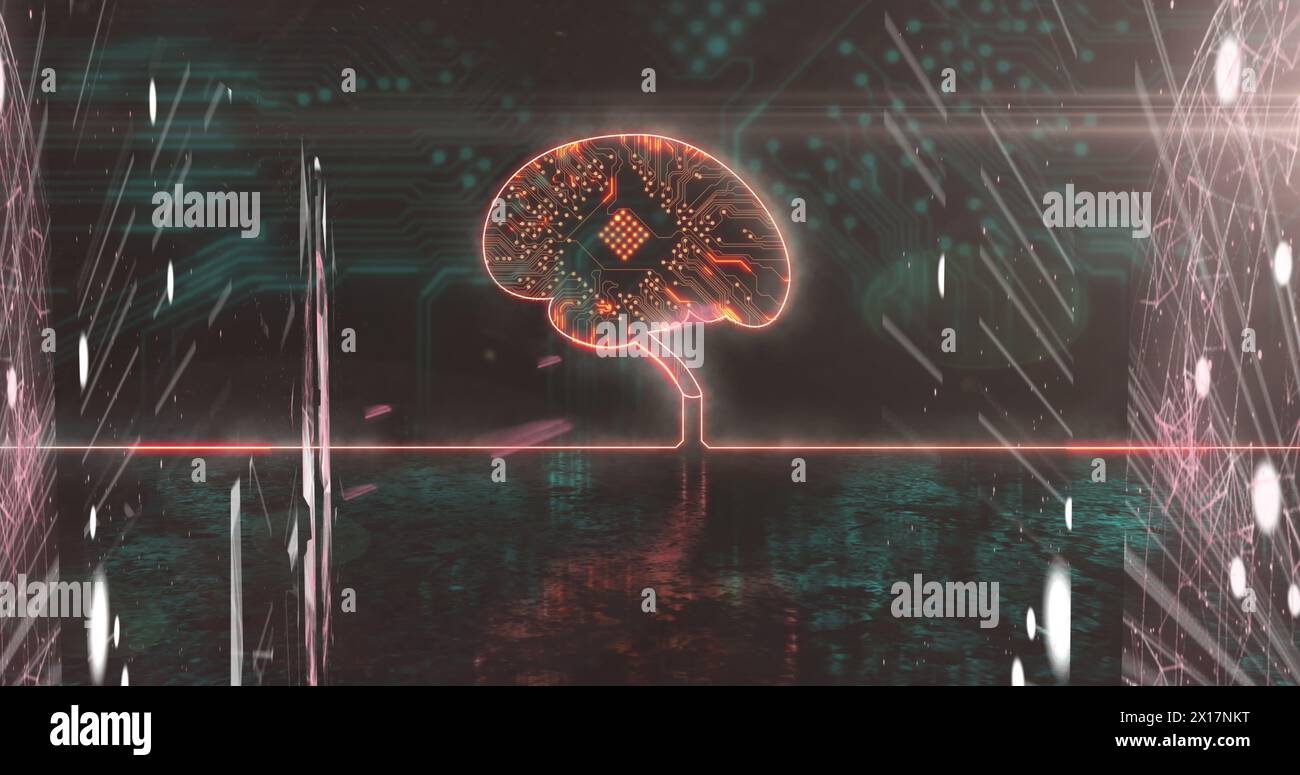 Image de traînées de lumière sur l'icône de cerveau avec la carte de circuit imprimé de l'ordinateur sur fond noir Banque D'Images