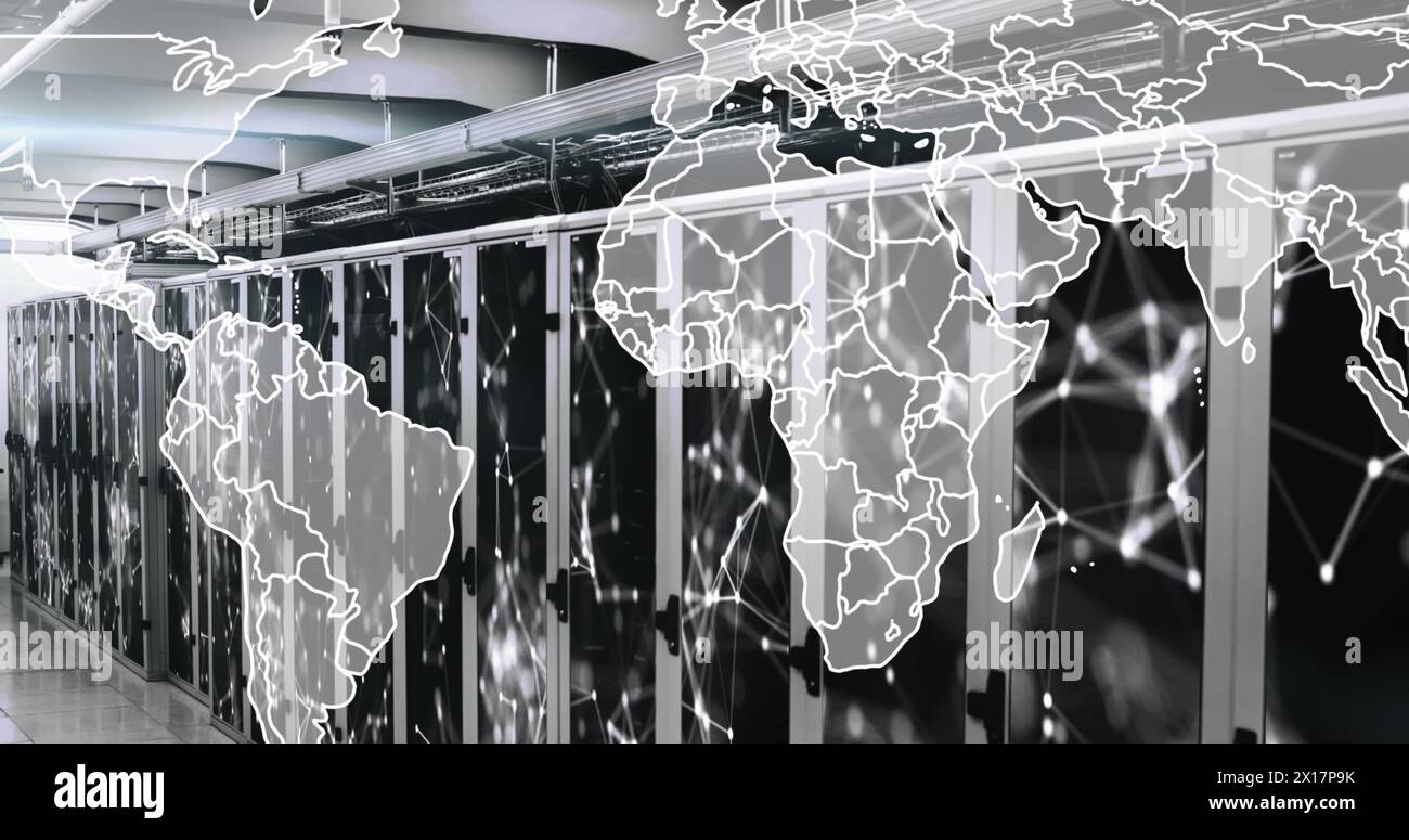 Illustration de la carte au-dessus des points connectés sur les racks de serveurs de la salle des serveurs Banque D'Images