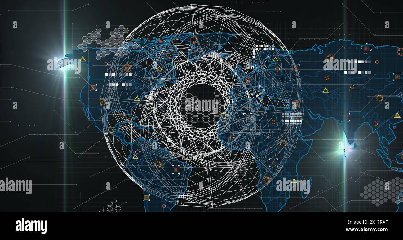 Image de forme géométrique abstraite et de traitement des données sur la carte du monde sur fond noir. Concept de réseau mondial et de technologie d'entreprise Banque D'Images