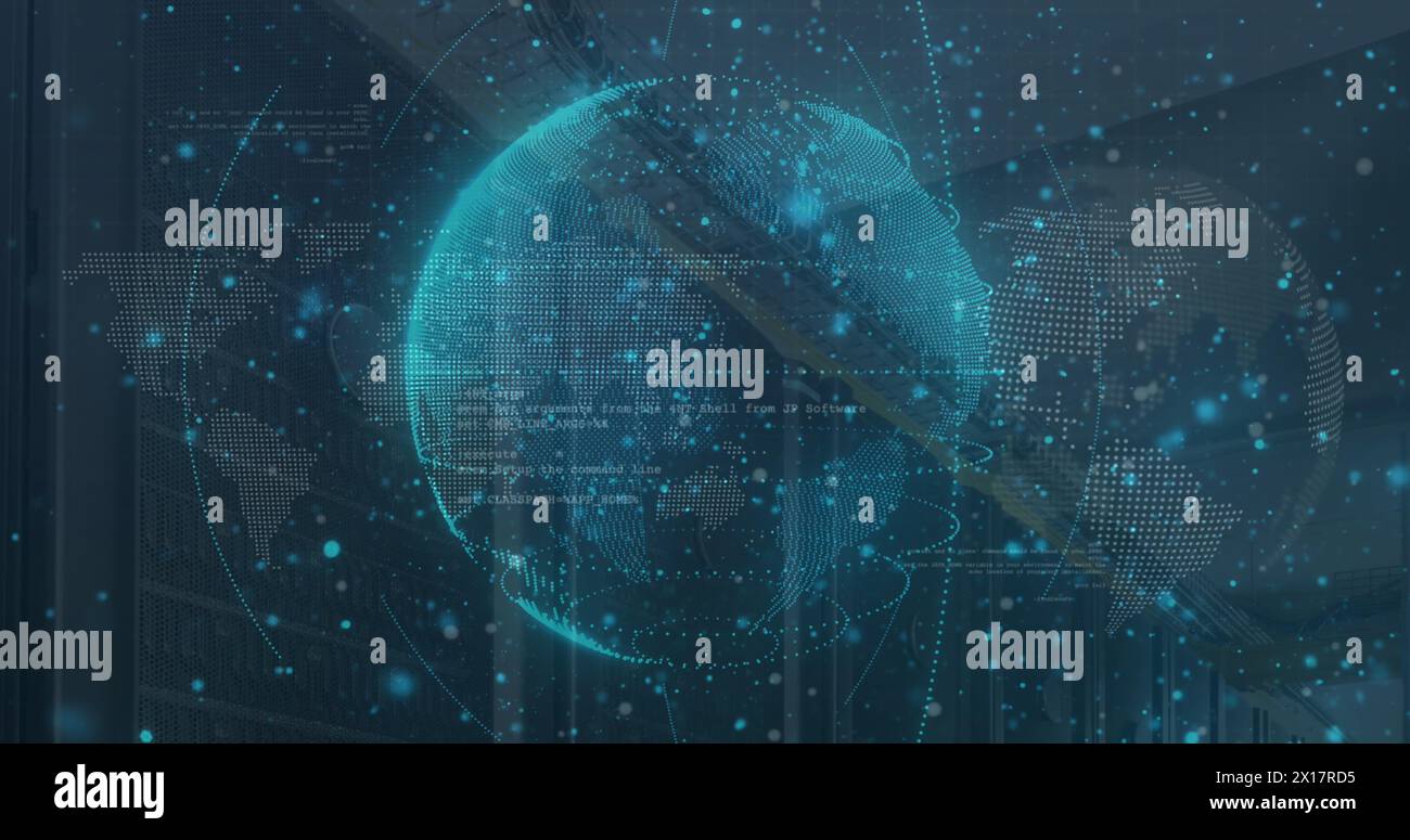 Image d'un motif abstrait autour de globes rotatifs sur le langage de programmation et de points sur la carte Banque D'Images
