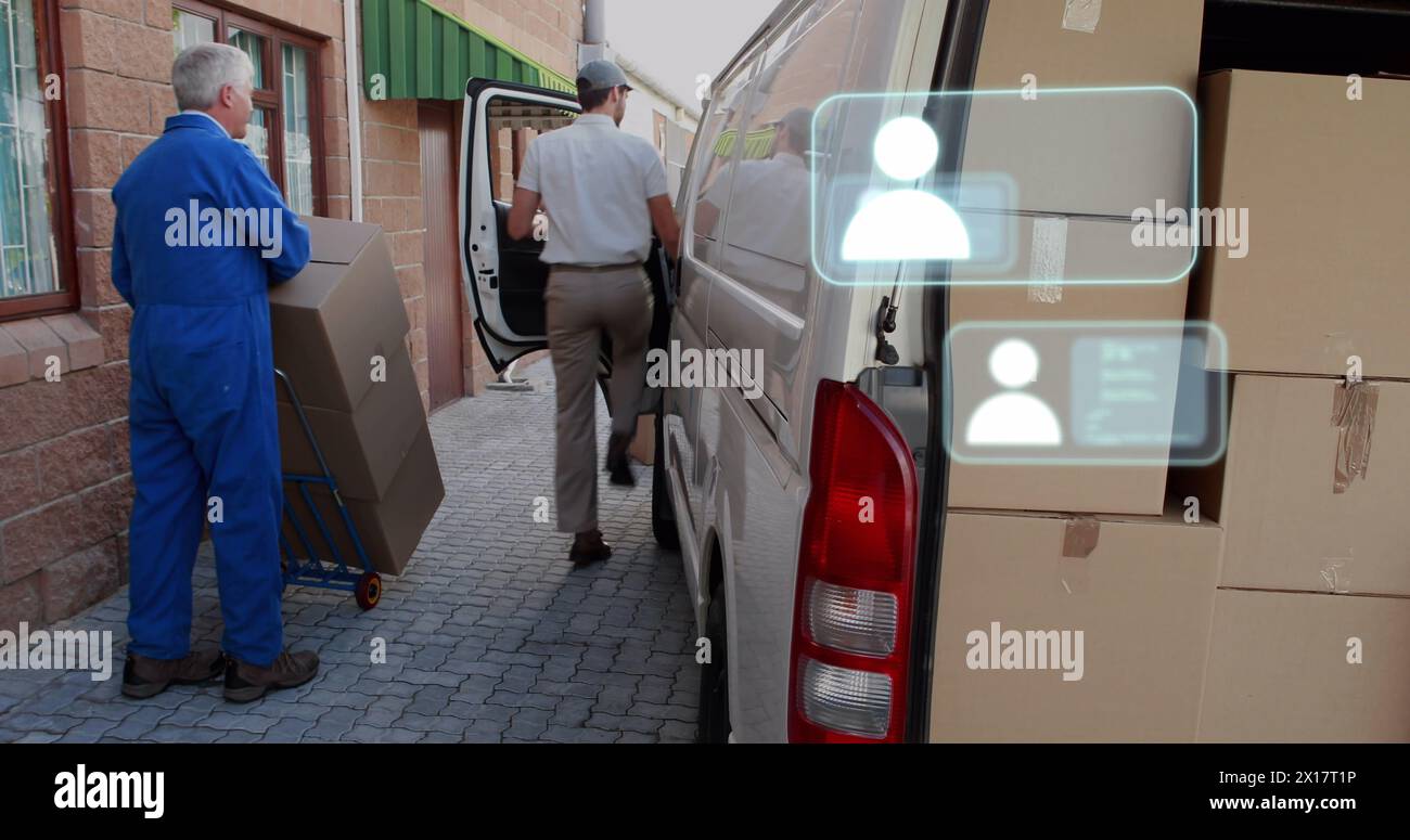 Image d'un réseau d'icônes sur divers hommes par fourgon chargé Banque D'Images