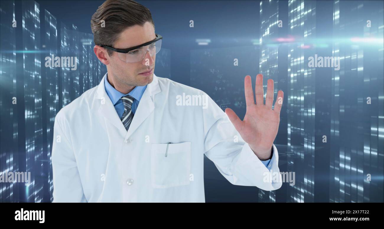 Le médecin touche un écran invisible, représentant la santé et la technologie médicale Banque D'Images