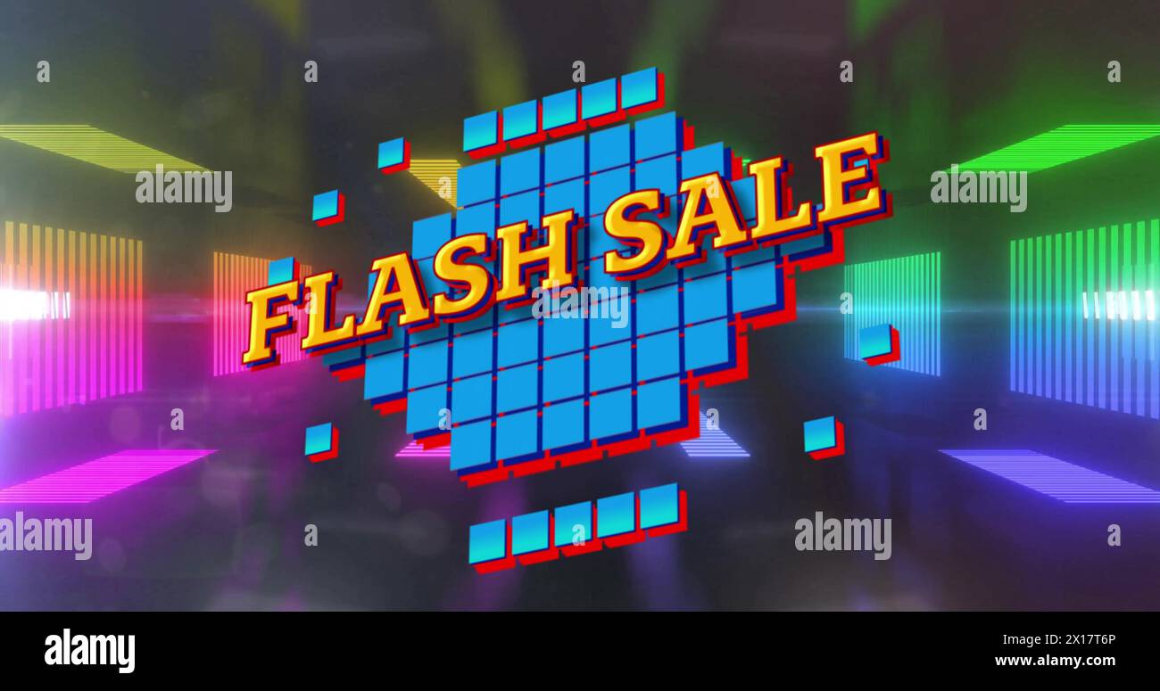 Image du texte de vente flash sur des carrés bleus sur fond néon Banque D'Images