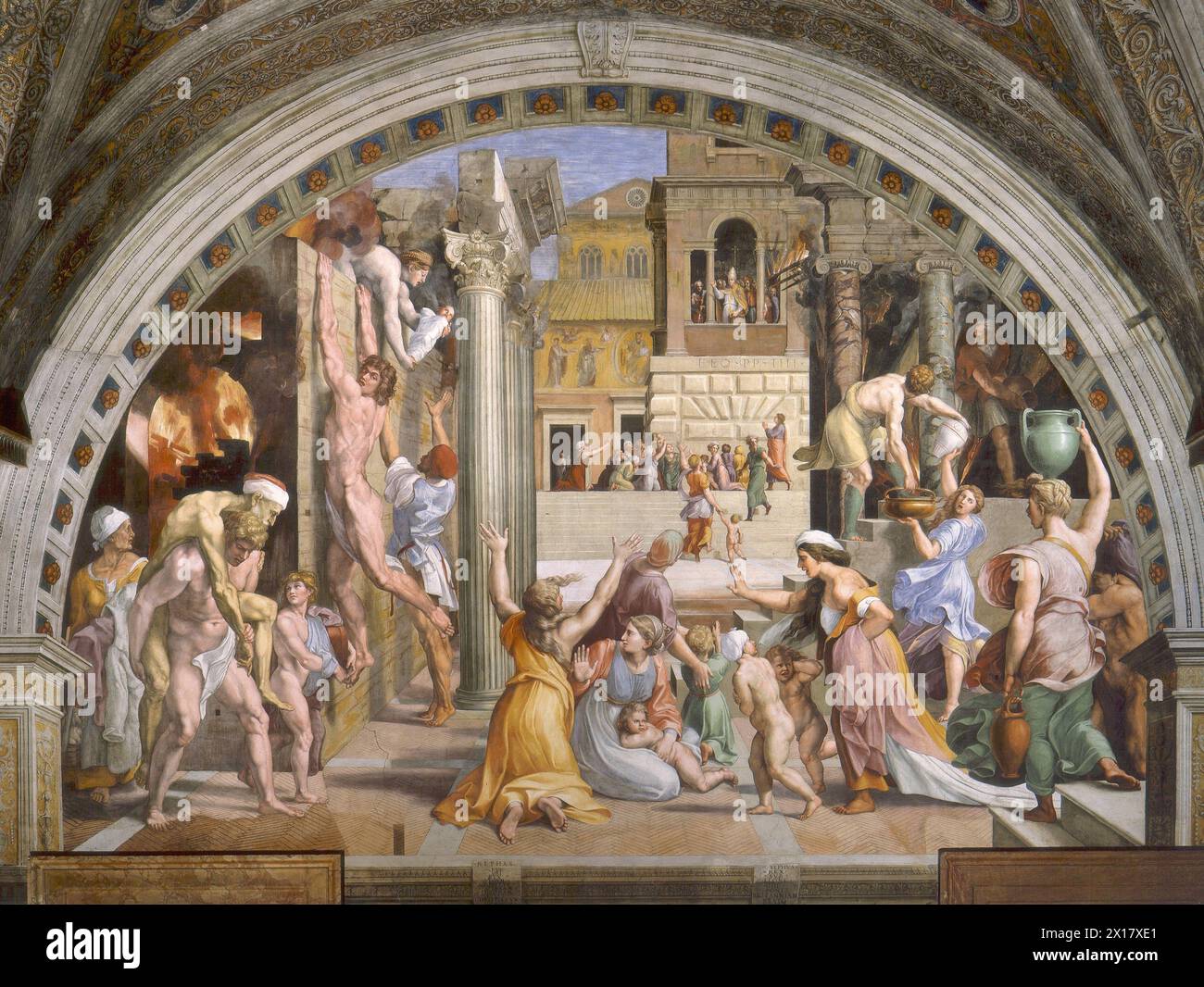 Le feu dans le Borgo est une peinture créée par l'atelier de l'artiste italien de la Renaissance Raphaël entre 1514 et 1517. - Giulio Romano Banque D'Images