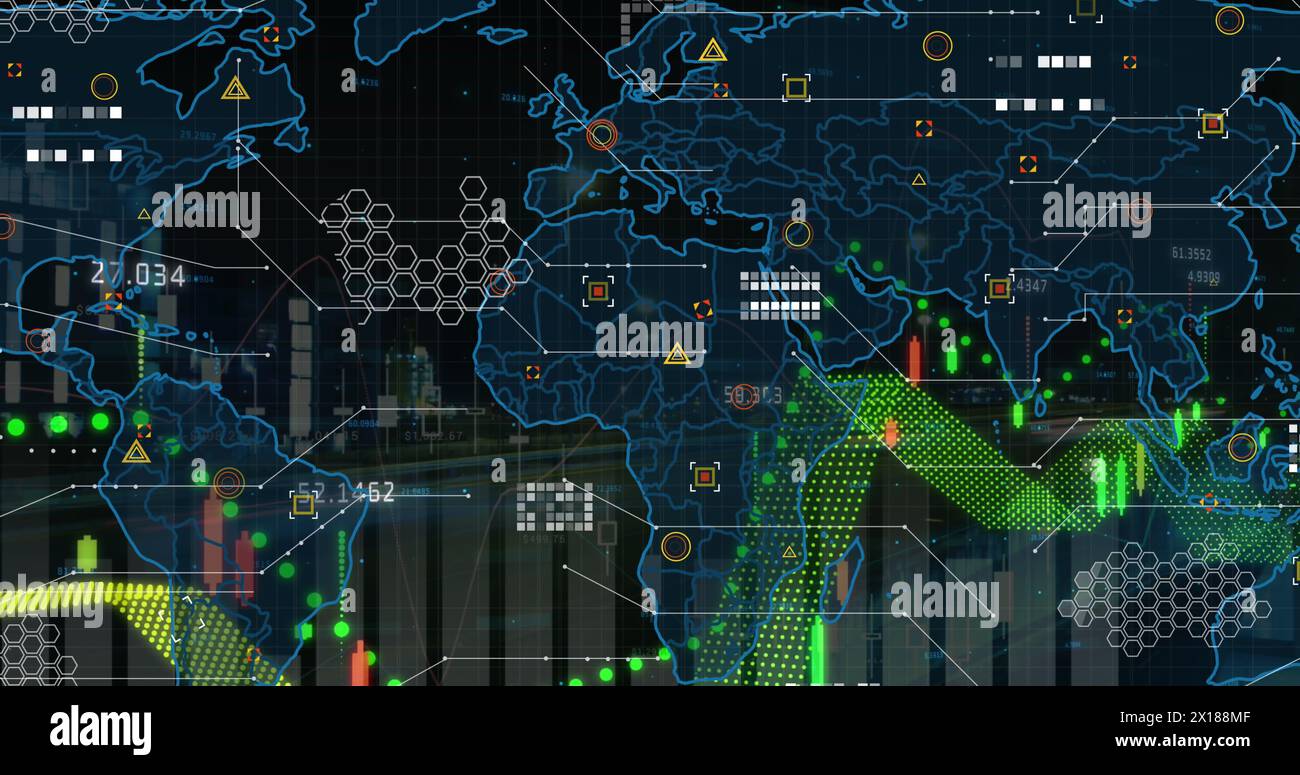 Image de la carte du monde et du traitement des données financières contre le time-lapse du trafic urbain nocturne Banque D'Images