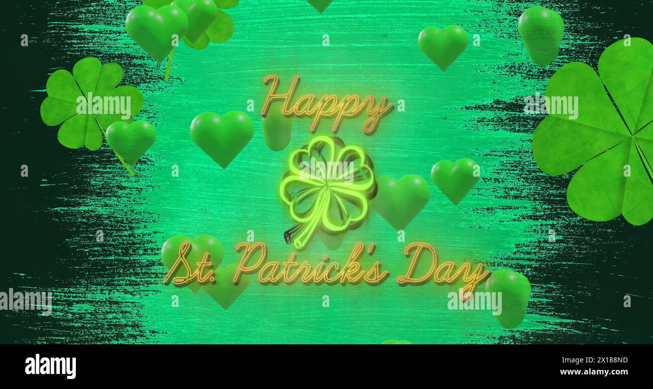 Image du texte de St patrick et des coeurs verts sur fond vert Banque D'Images