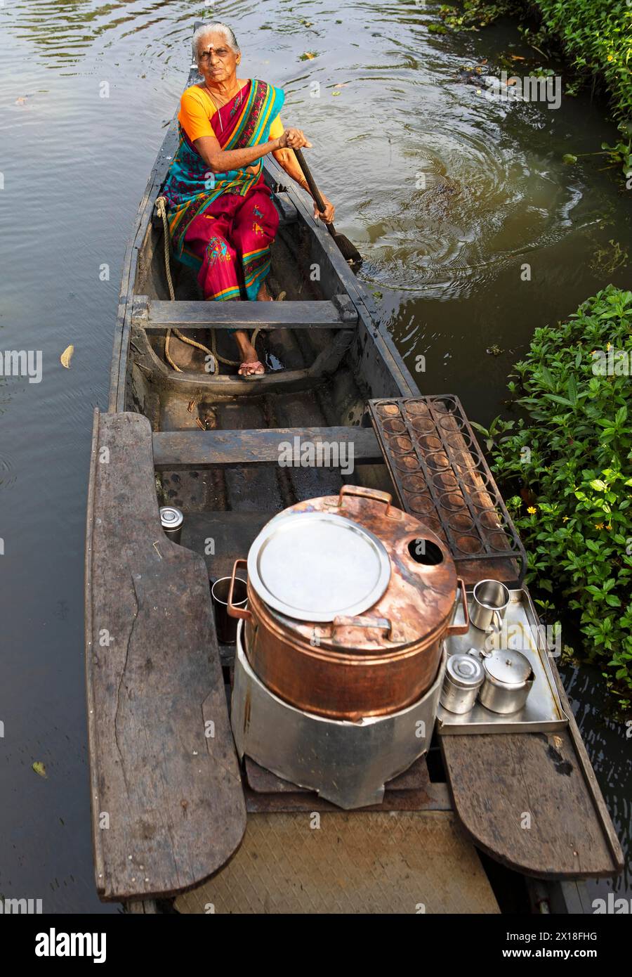Tealady, 83 ans, pagaie dans son bateau à travers les backwaters, Kumarakom, Kerala, Inde Banque D'Images