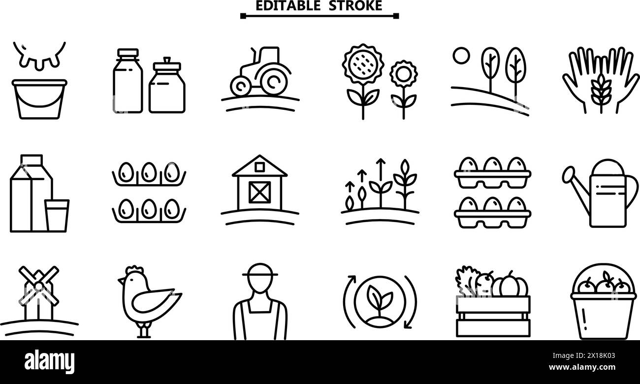 Ferme, ensemble d'icônes d'agriculture. Culture des plantes et du bétail, agriculture, icônes linéaires. Trait éditable, ensemble de contours d'icônes vectorielles de fermier pour desig Web Illustration de Vecteur