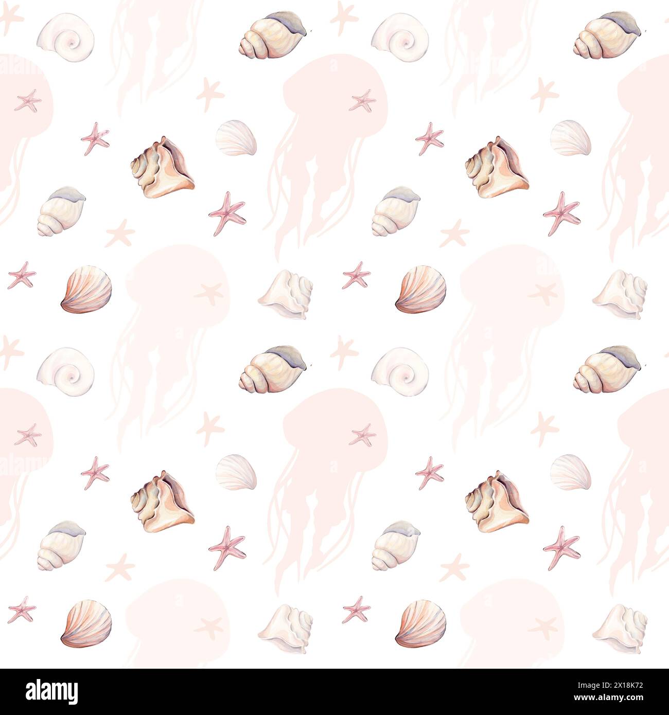 Motif aquarelle sans couture avec gelée de poisson, poisson étoilé et poisson. Banque D'Images