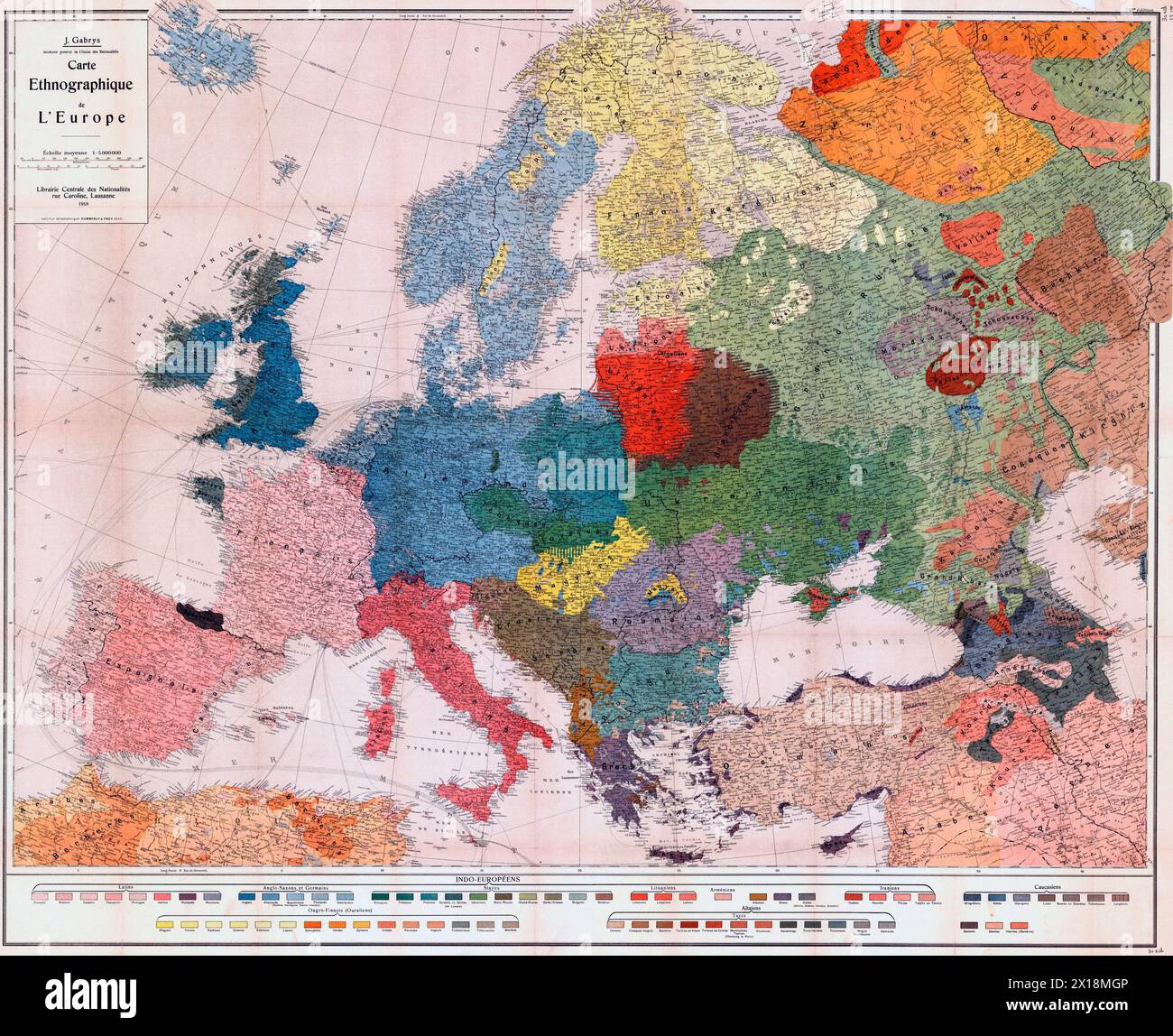 Carte ethnographique suisse de l'Europe publiée en 1918. Titre original : carte ethnographique de l'Europe. Banque D'Images