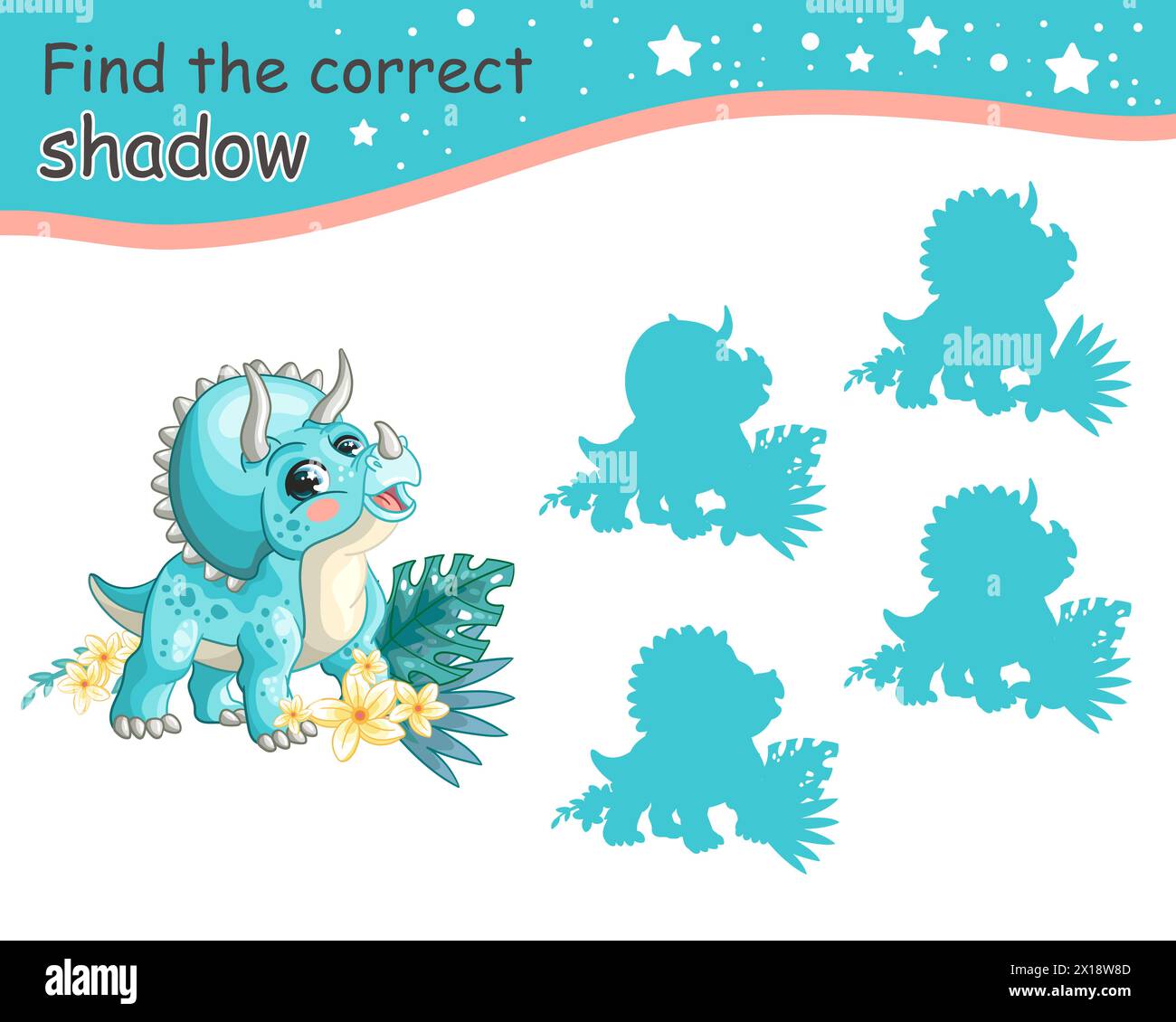 Trouvez l'ombre correcte. Mignon dessin animé turquoise triceratops dinosaure. Jeu d'appariement éducatif pour les enfants avec personnage de dessin animé. Activité, jeu de logique, Illustration de Vecteur