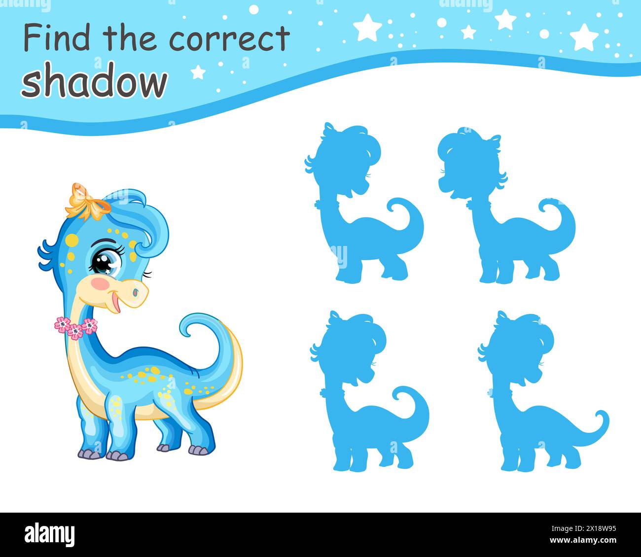 Trouvez l'ombre correcte. Mignon dessin animé couleur bleue diplodocus dinosaure fille. Jeu d'appariement éducatif pour les enfants avec personnage de dessin animé. Activité, logique Illustration de Vecteur