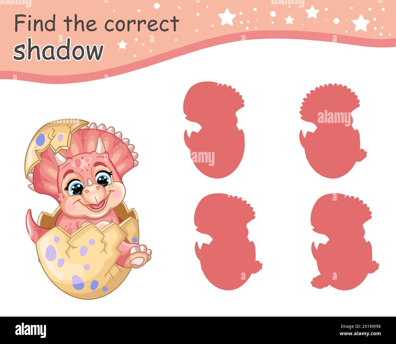 Trouvez l'ombre correcte. Mignon dessin animé rose bébé triceratops dinosaure dans l'oeuf. Jeu d'appariement éducatif pour enfants avec personnage de dessin animé. Activité, jeu de logique, Illustration de Vecteur