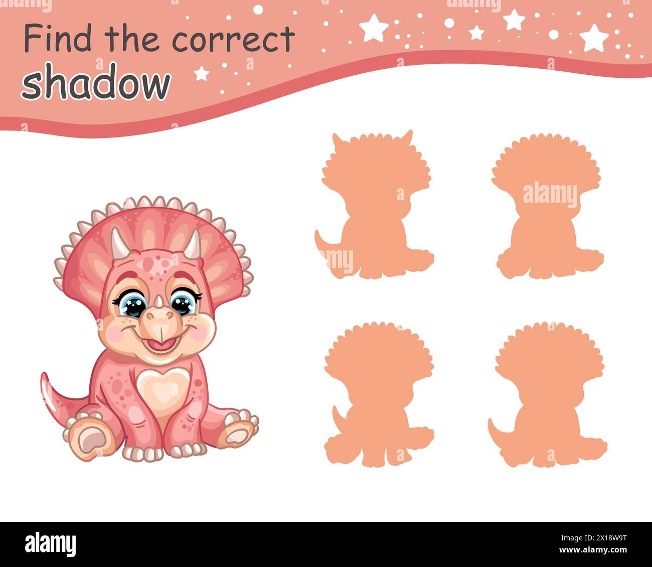 Trouvez l'ombre correcte. Mignon dessin animé rose bébé triceratops dinosaure. Jeu d'appariement éducatif pour les enfants avec personnage de dessin animé. Activité, jeu de logique, Illustration de Vecteur