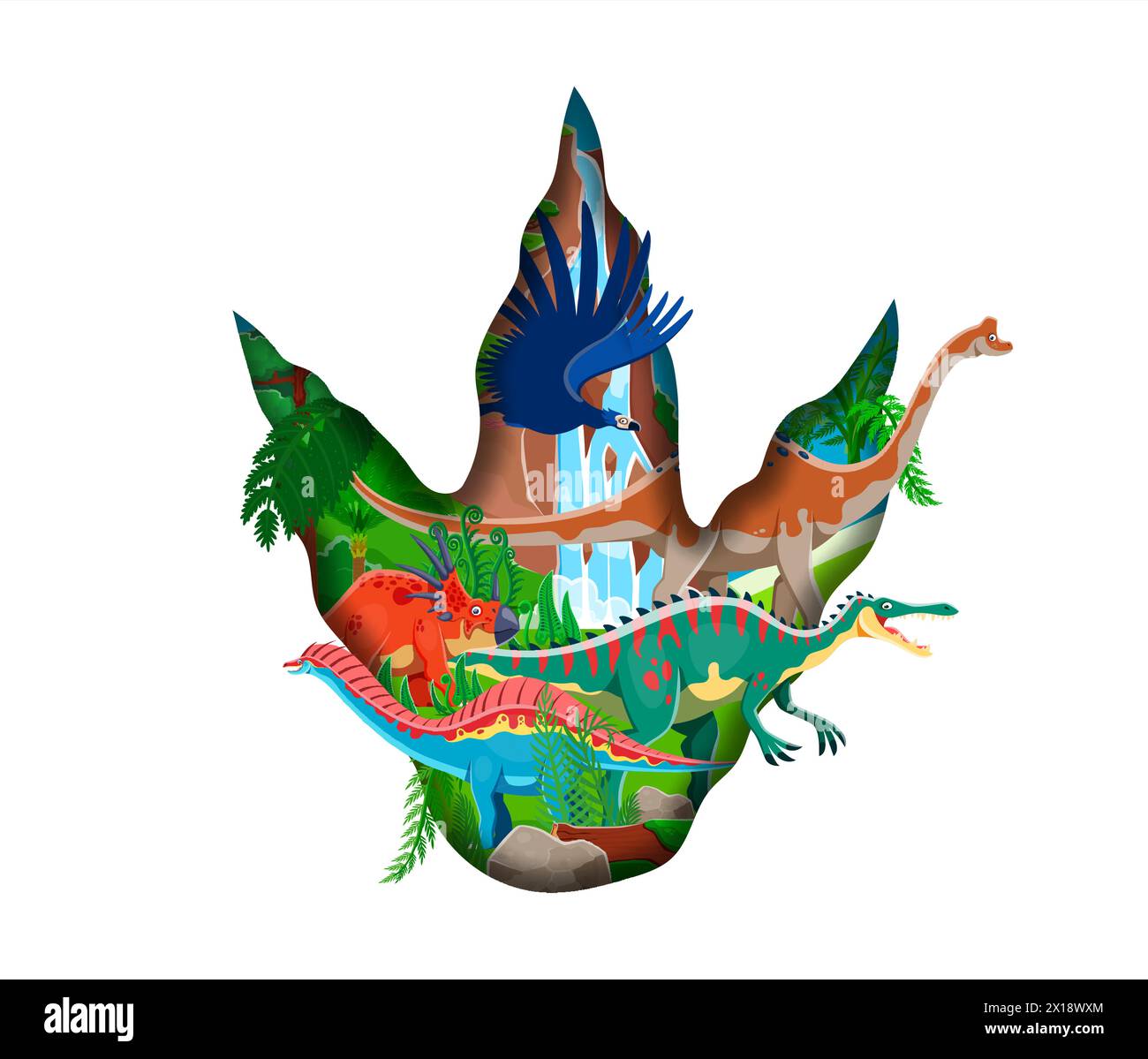 Empreinte de dinosaure coupé en papier avec des personnages drôles de dinosaure. Cadre vectoriel 3d isolé en forme de patte de dinosaure avec des talons remplis d'animaux préhistoriques à l'ancien paysage jurassique avec des plantes de la jungle Illustration de Vecteur