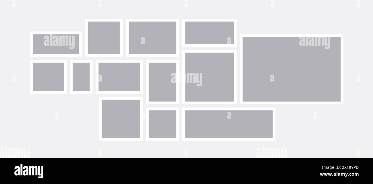 Modèle de tableau d'humeur ou de grille photo. Arrangement de collage d'art mosaïque. Composition horizontale du cadre photo gris. Concept de conception de disposition de galerie murale pour la présentation, affiche, maquette, bannière, flyer. Vecteur Illustration de Vecteur