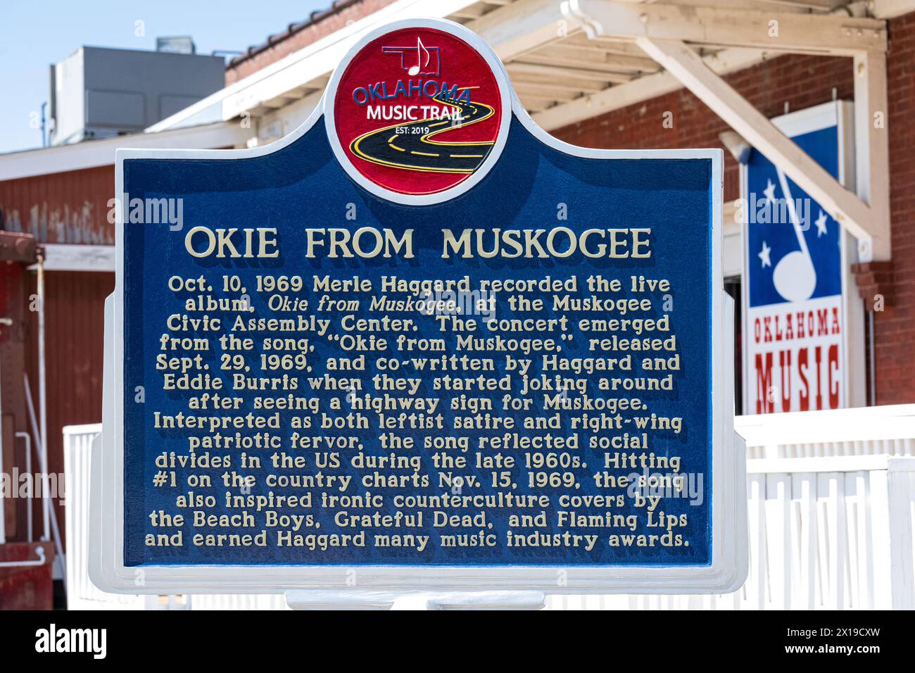 Okie From Muskogee de Merle Haggard, marqueur historique de l'Okie Music Trail au Oklahoma Music Hall of Fame de Muskogee. (ÉTATS-UNIS) Banque D'Images