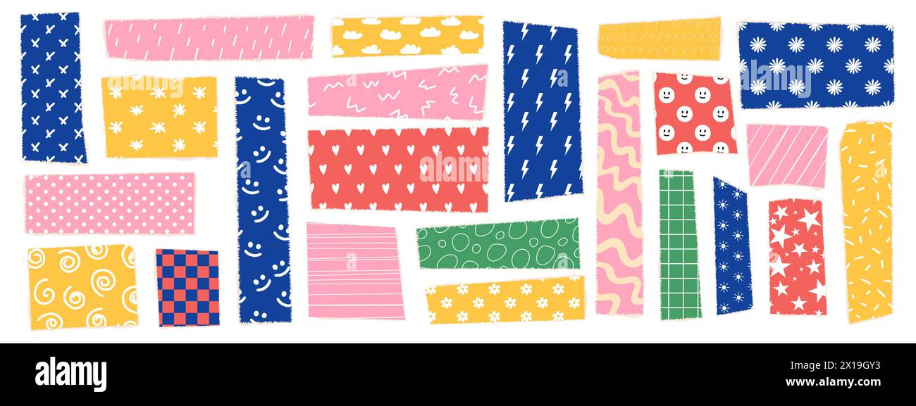 Ensemble de forme de papier déchiré avec motif drôle. Rectangle dentelé. Éléments d'illustration vectorielle pour collage, modèles de conception, bannière et autocollant. Vecteur Illustration de Vecteur