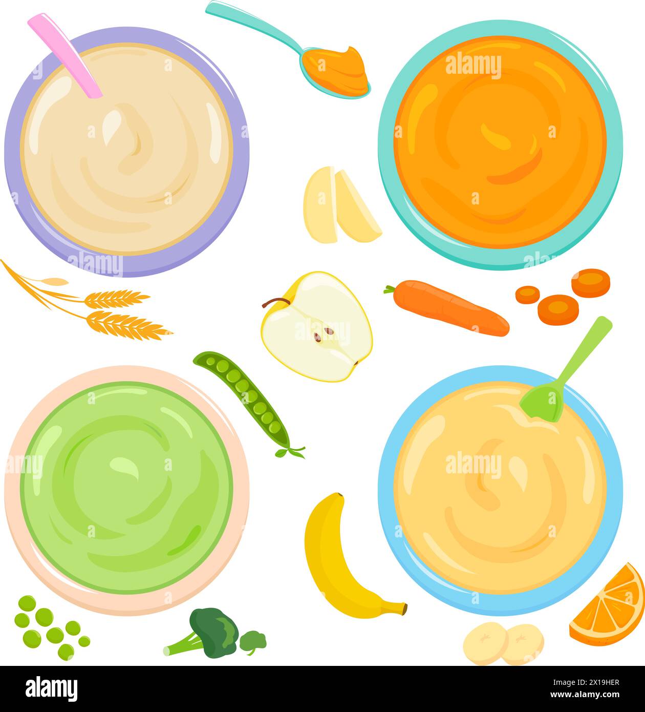 Bols de nourriture pour bébés et tout-petits. Purée de céréales, fruits et légumes. Vue de dessus. Collection d'illustrations vectorielles Illustration de Vecteur
